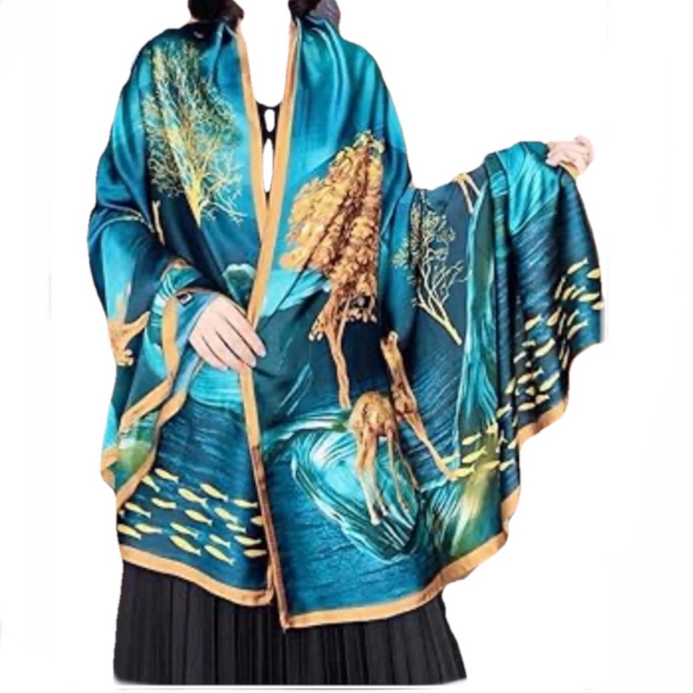 Teal Short Kimono Wrap Robe Asian Kimono Deer In Nature Satin Batwing boho OSFM